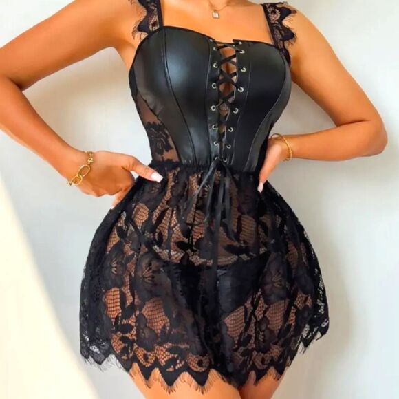 Black Sexy Lace Corset Ribbon Lingerie Set #R - Picture 2 of 6